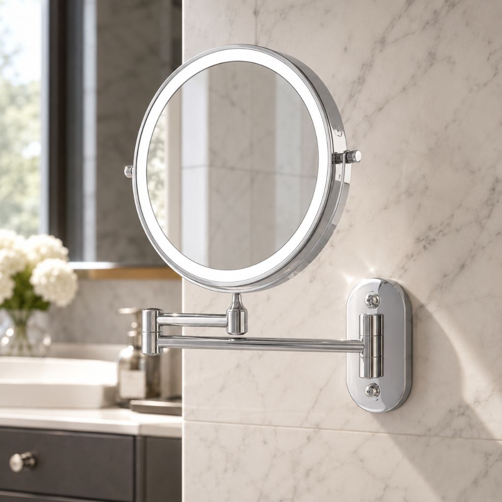 Wall-Mount Vanity Mirror with LED Ring Light & Swivel Magnifier – Rechargeable Touch Control for Makeup Application | Thomler