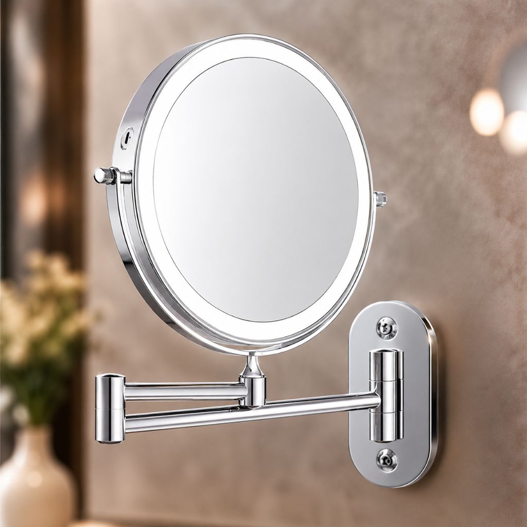 Wall-Mount Vanity Mirror with LED Ring Light & Swivel Magnifier – Rechargeable Touch Control for Makeup Application | Thomler