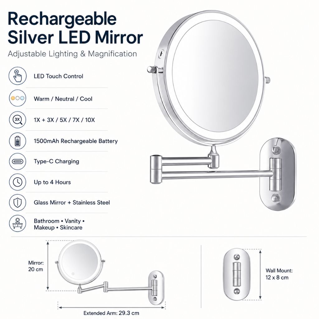 Wall-Mount Vanity Mirror with LED Ring Light & Swivel Magnifier – Rechargeable Touch Control for Makeup Application | Thomler