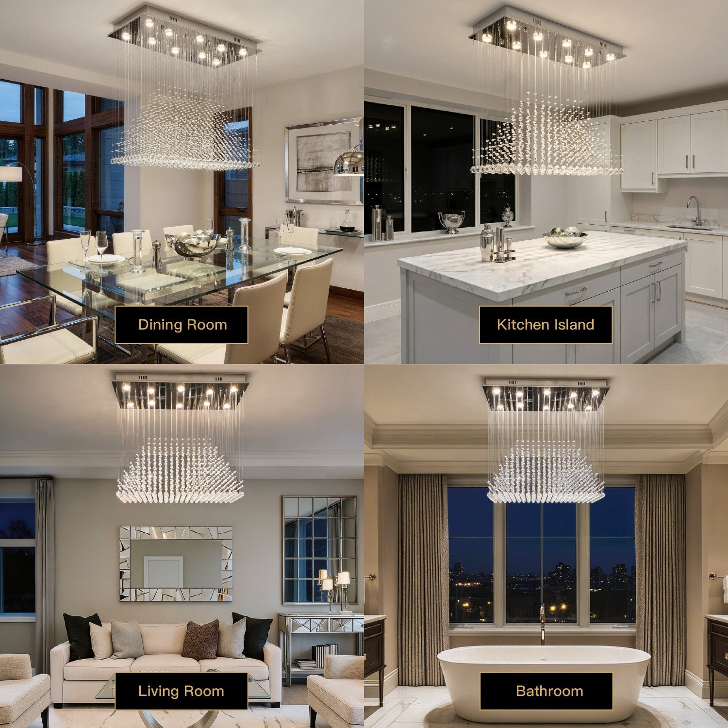Rectangular Crystal Chandelier with Pyramid Design, 10-Light Stainless Steel Hanging Fixture for Dining Room, Kitchen Island & Living Room | Thomler