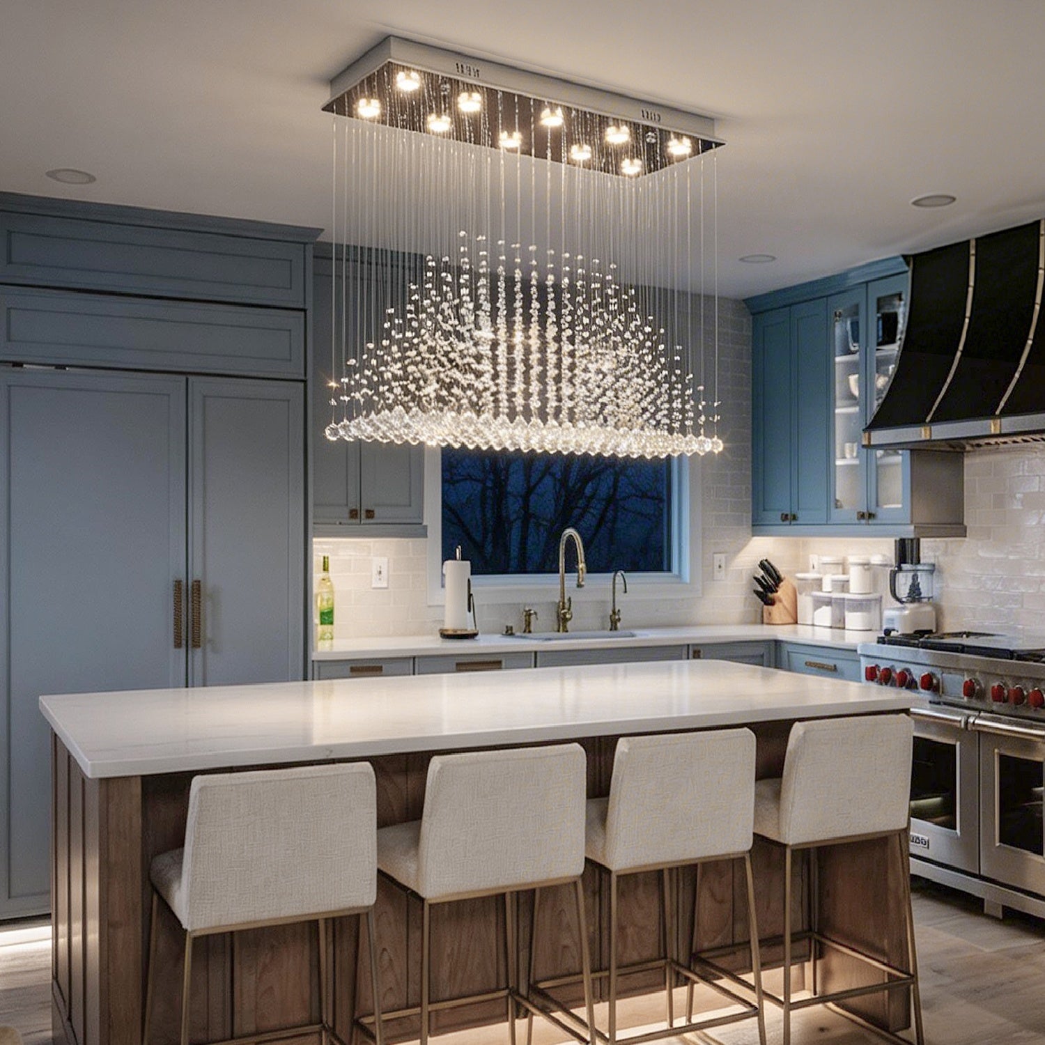 Rectangular Crystal Chandelier with Pyramid Design, 10-Light Stainless Steel Hanging Fixture for Dining Room, Kitchen Island & Living Room | Thomler