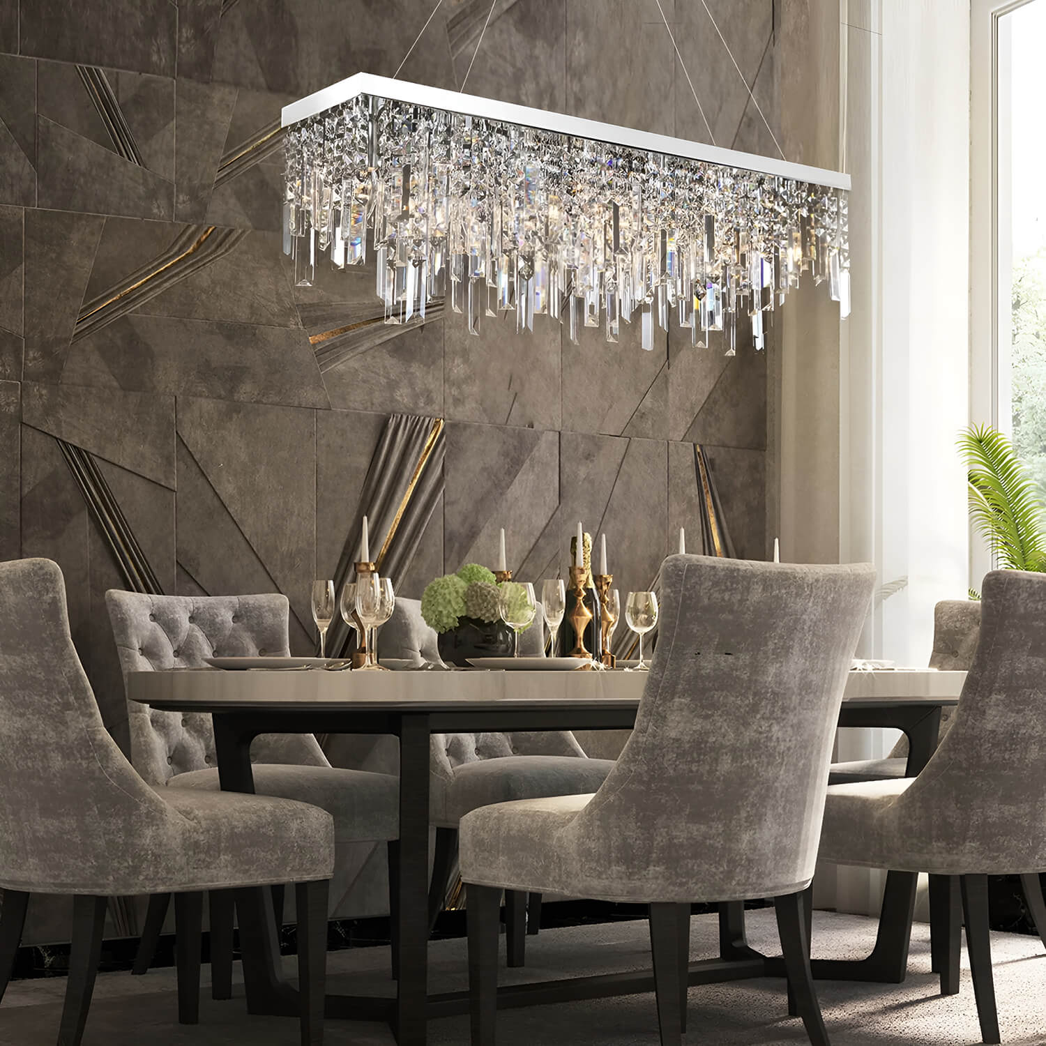 Linear Crystal Pendant Light Fixture Modern Dining Room Chandelier Stainless Steel Frame E12 Candelabra Base Adjustable Hanging Height for | Thomler