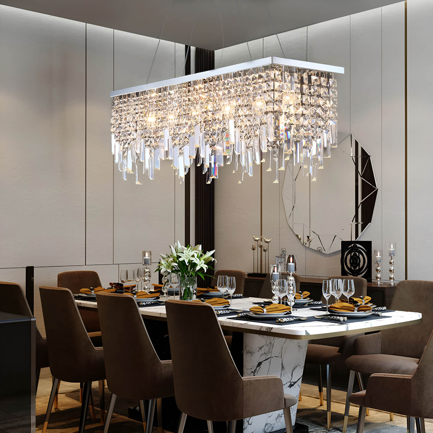 Linear Crystal Pendant Light Fixture Modern Dining Room Chandelier Stainless Steel Frame E12 Candelabra Base Adjustable Hanging Height for | Thomler