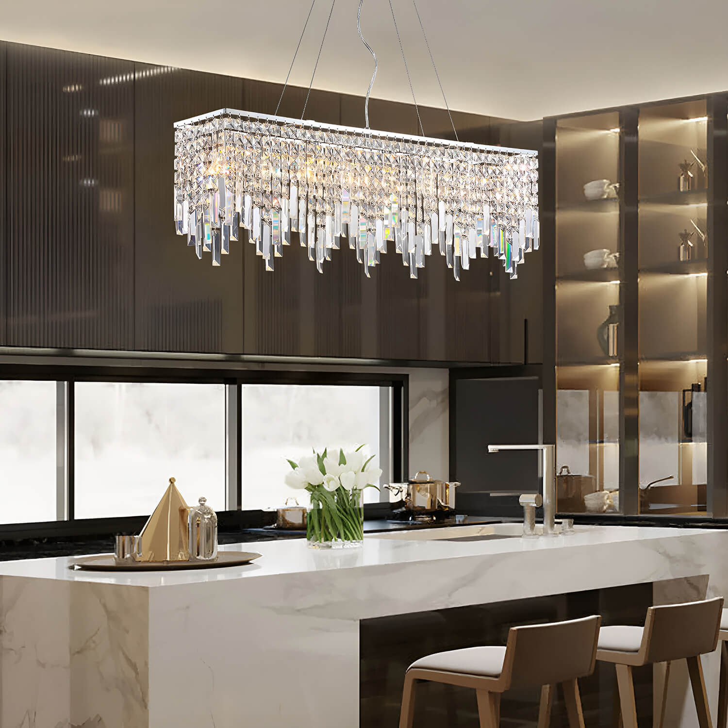 Linear Crystal Pendant Light Fixture Modern Dining Room Chandelier Stainless Steel Frame E12 Candelabra Base Adjustable Hanging Height for | Thomler