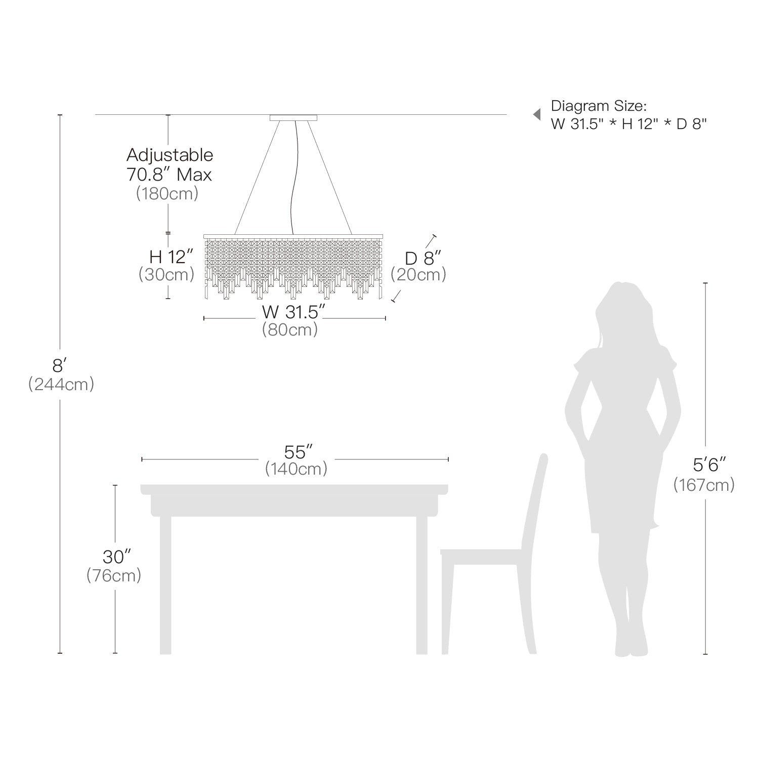 Linear Crystal Pendant Light Fixture Modern Dining Room Chandelier Stainless Steel Frame E12 Candelabra Base Adjustable Hanging Height for | Thomler