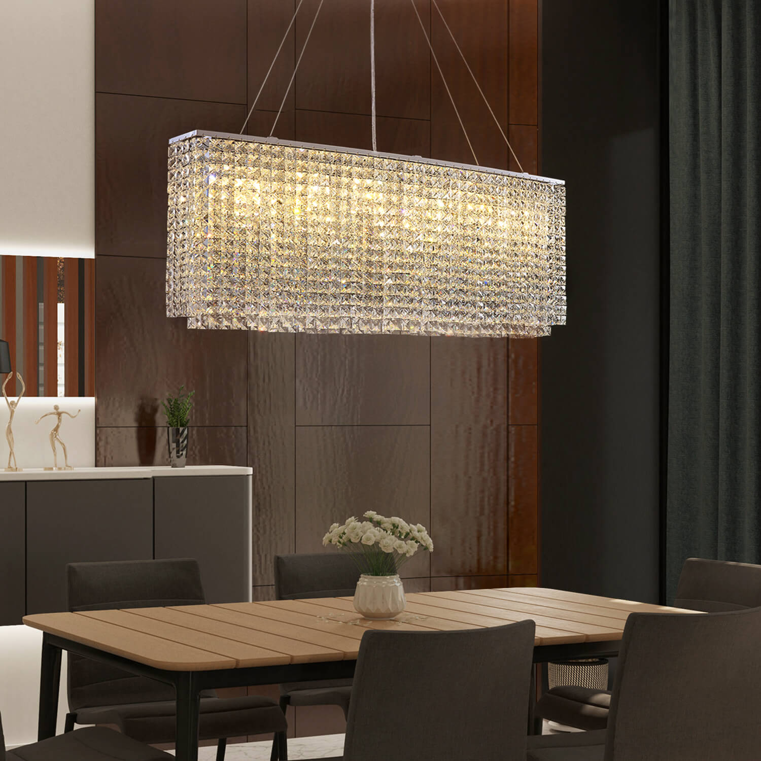 Linear Crystal Chandelier Chrome Finish Rectangular Dining Room Light Fixture Adjustable Height for Kitchen Island Living Room | Thomler