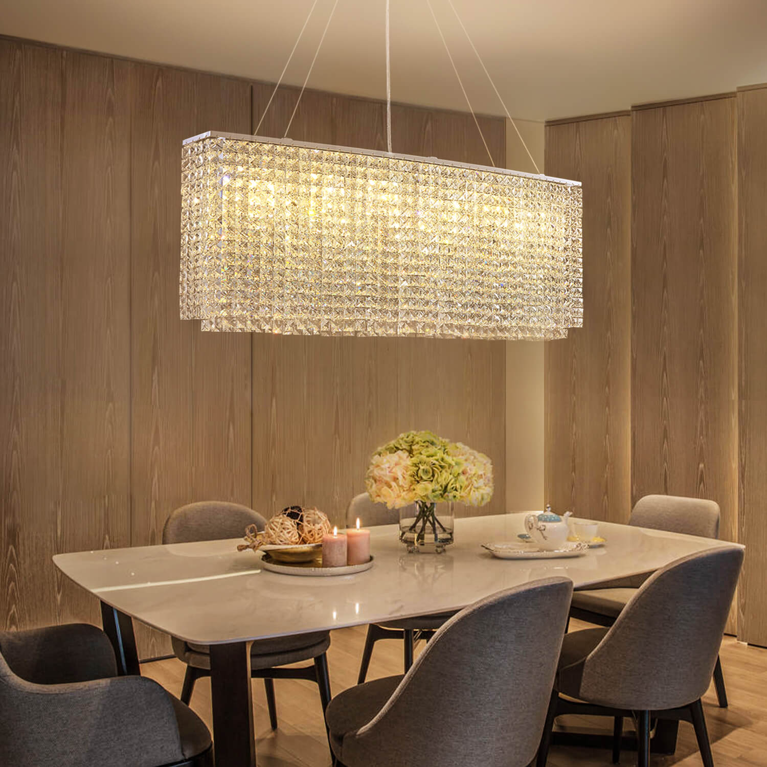 Linear Crystal Chandelier Chrome Finish Rectangular Dining Room Light Fixture Adjustable Height for Kitchen Island Living Room | Thomler