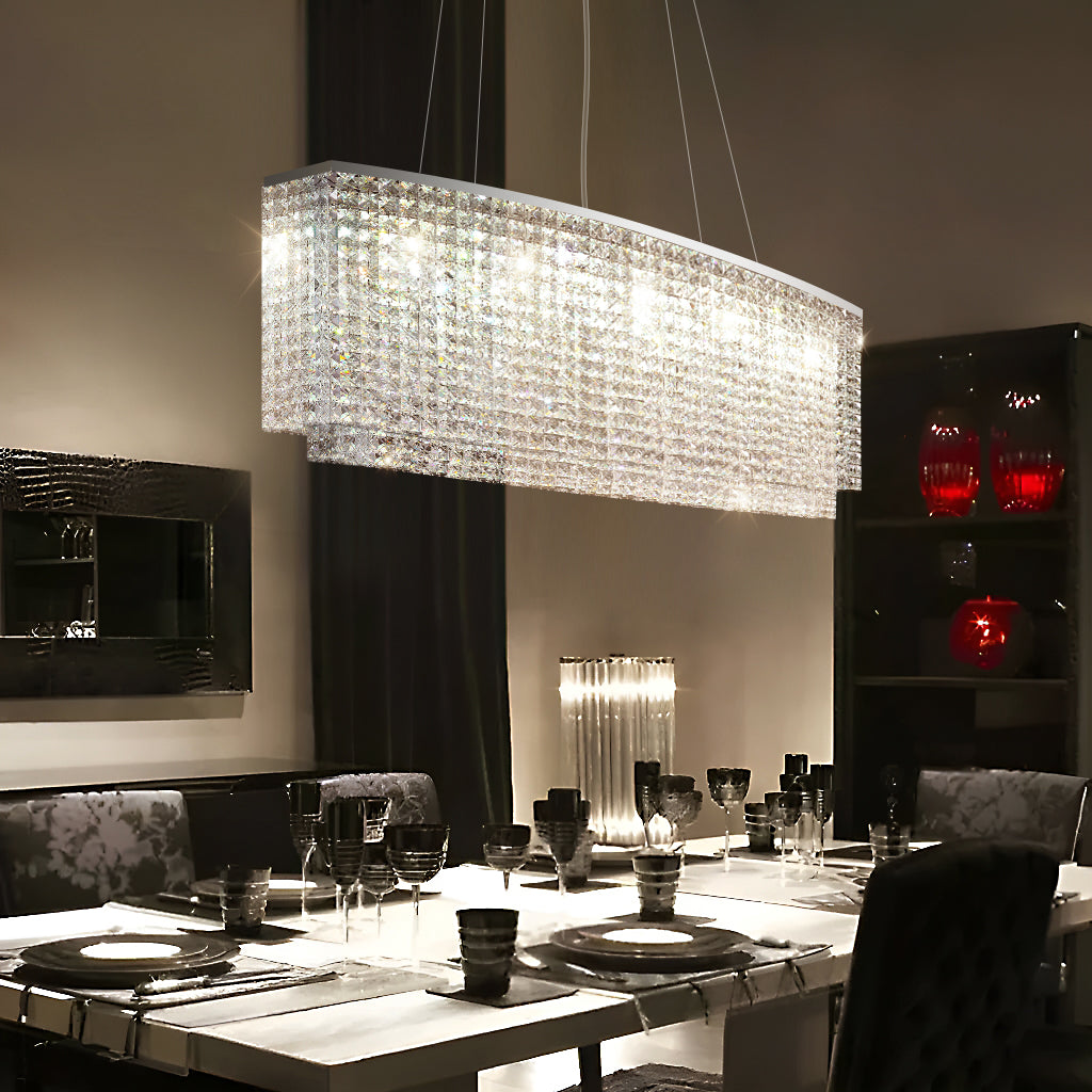 Linear Crystal Chandelier Chrome Finish Rectangular Dining Room Light Fixture Adjustable Height for Kitchen Island Living Room | Thomler