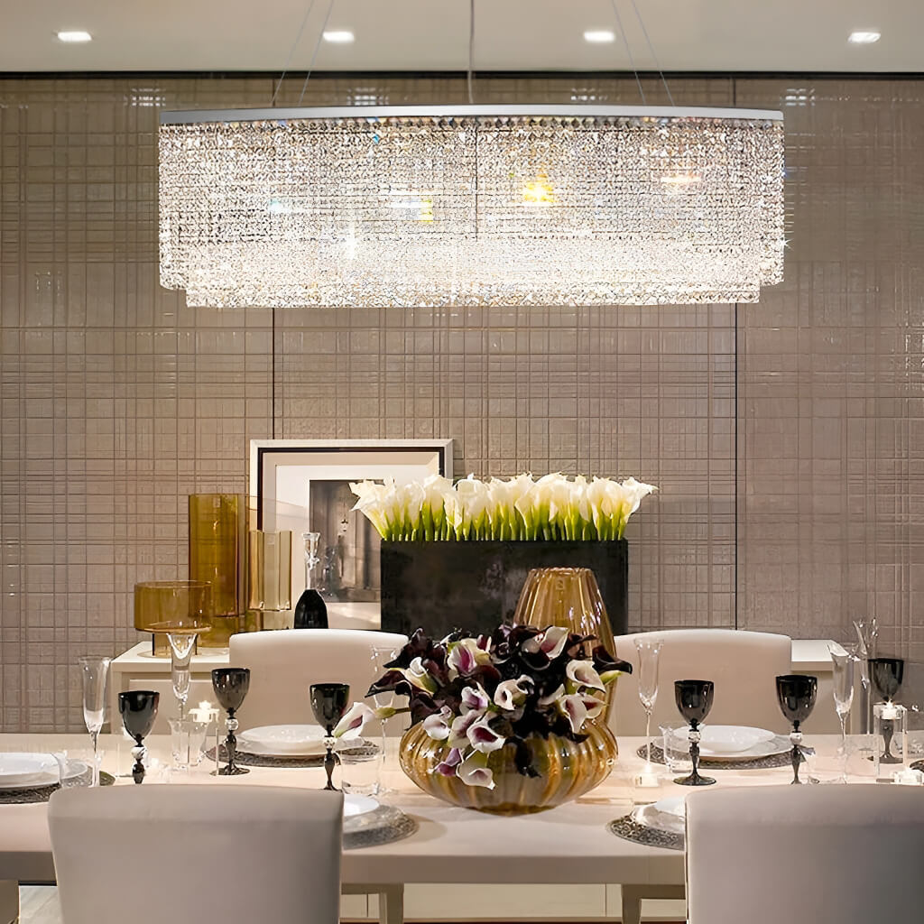 Linear Crystal Chandelier Chrome Finish Rectangular Dining Room Light Fixture Adjustable Height for Kitchen Island Living Room | Thomler