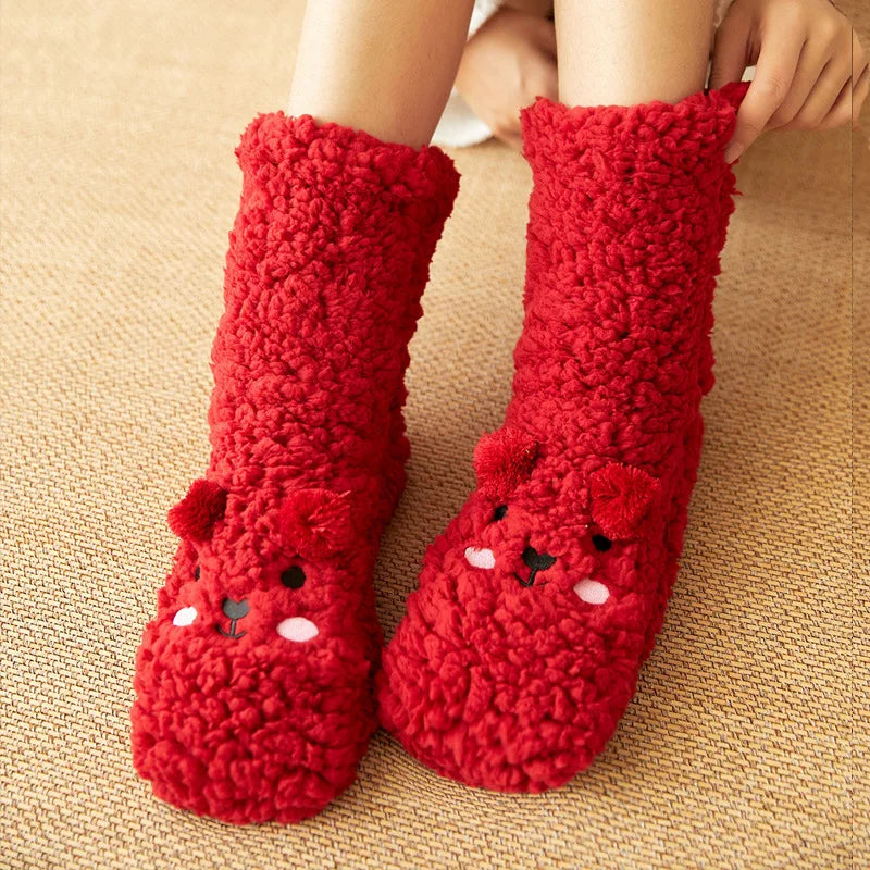 Plush Animal-Face Thermal Fleece Socks – Cozy Grippy Winter House Slippers for Women & Girls | Thomler