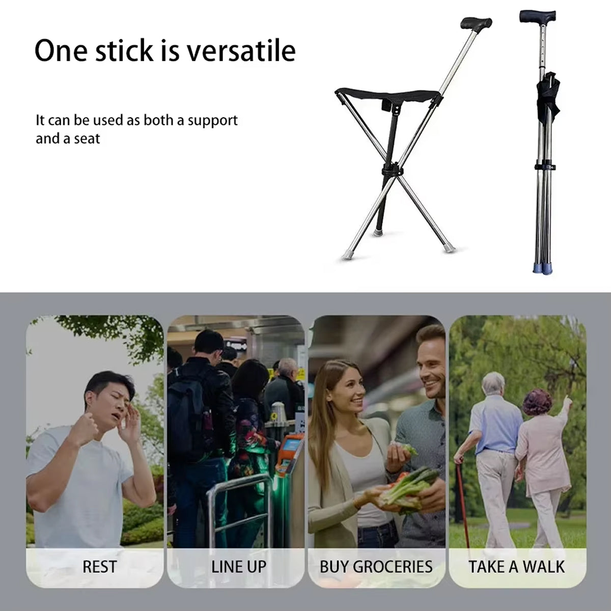 Folding Walking Cane with Built-In Seat – Adjustable Height Mobility Aid & Portable Stool for Seniors, Travel & Outdoor Use | Thomler