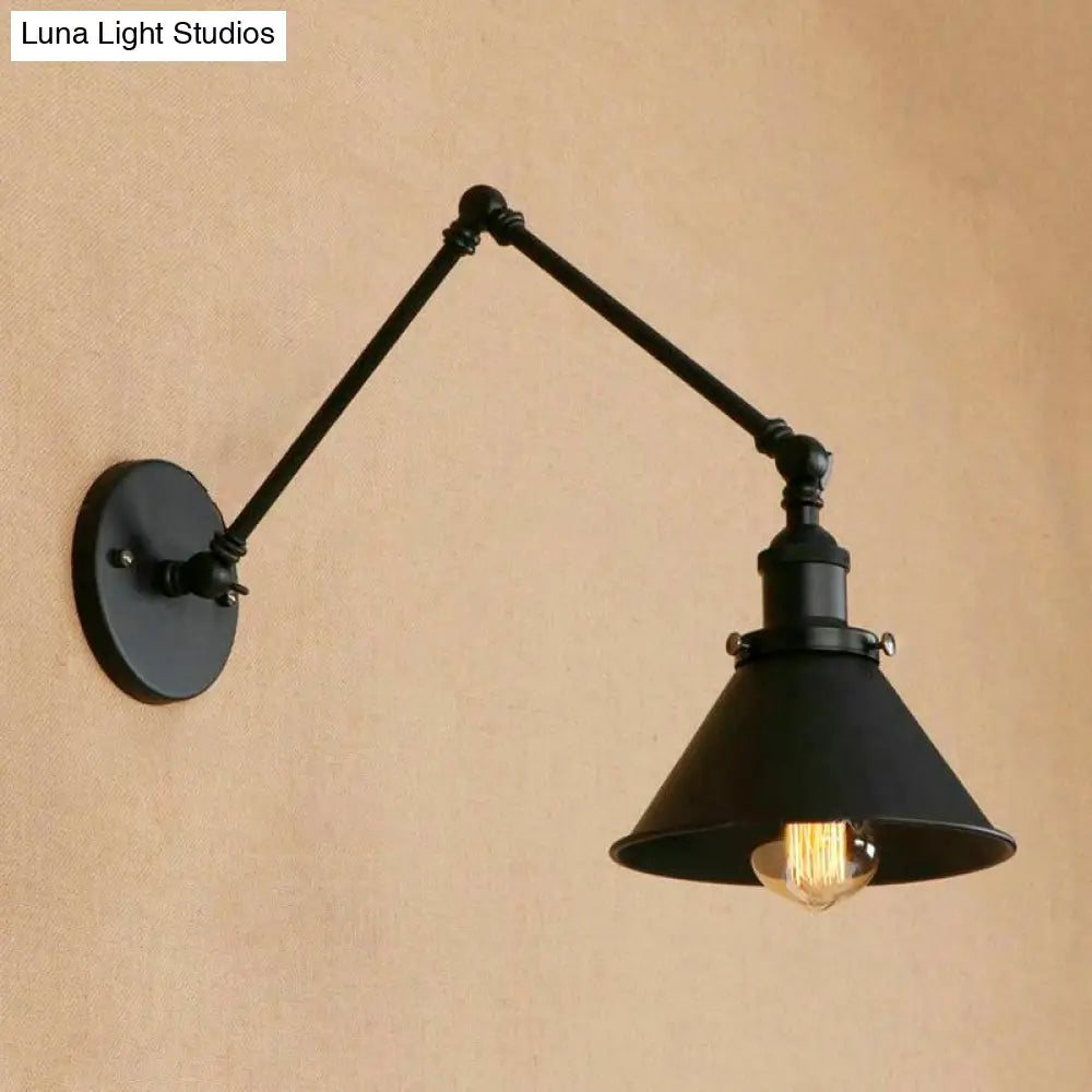 Adjustable Swing Arm Wall Sconce – Black Metal Cone Shade Light for Bedroom, Living Room & Hallway – Industrial Reading Lamp | Thomler