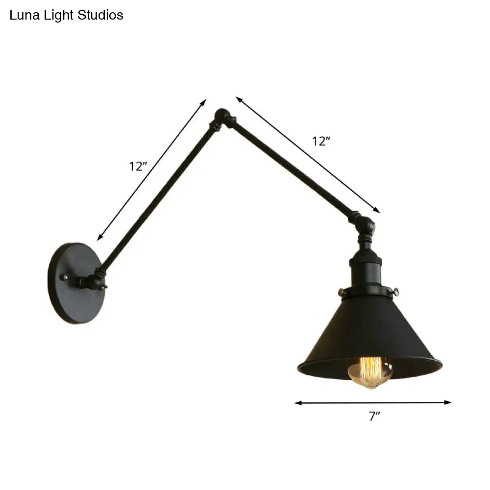Adjustable Swing Arm Wall Sconce – Black Metal Cone Shade Light for Bedroom, Living Room & Hallway – Industrial Reading Lamp | Thomler