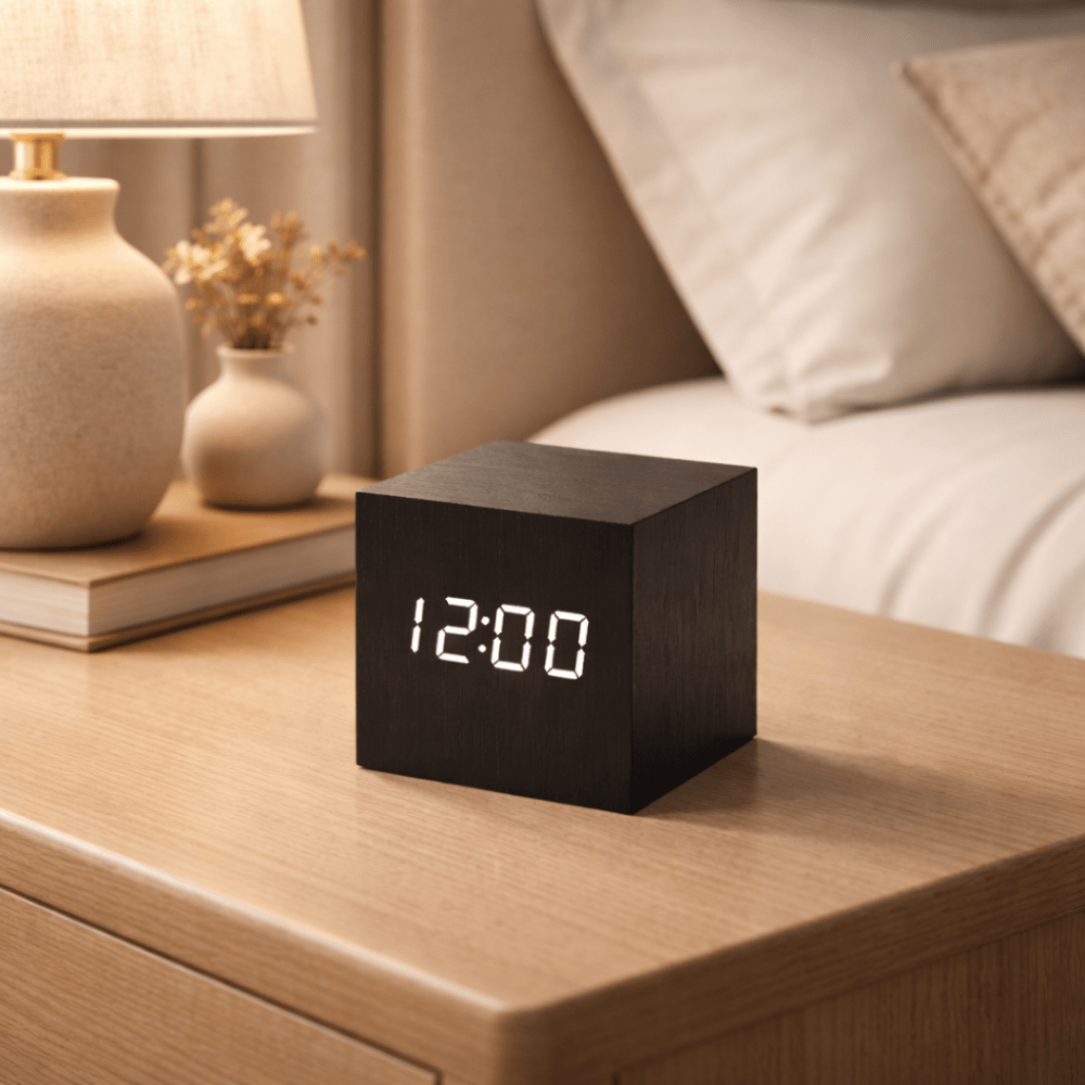 Wooden LED Alarm Clock with Sound-Activated Display – Compact Cube for Bedroom & Office | Thomler