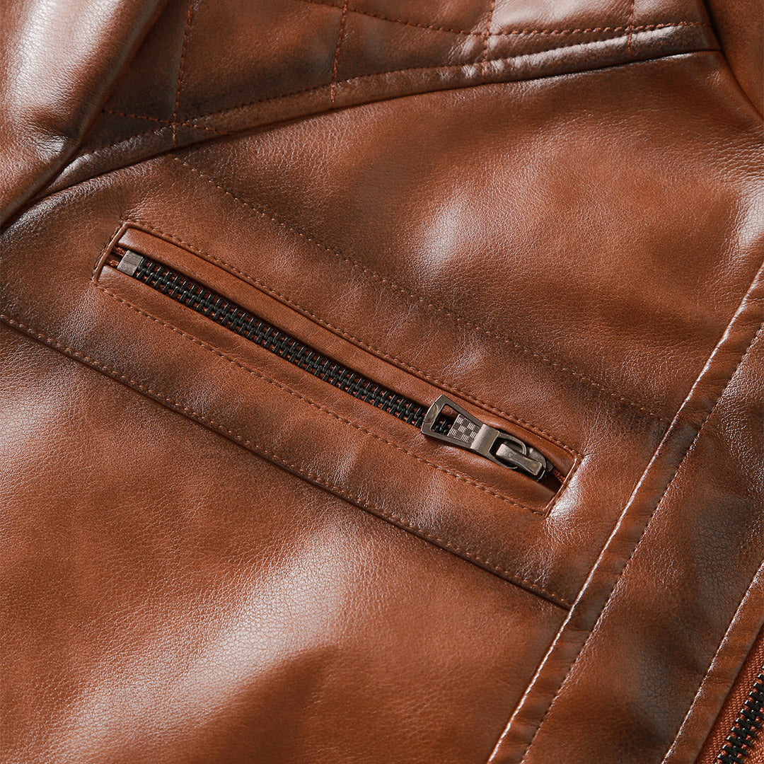 Men's Embroidered Moto Jacket in PU Leather with Side Belt & Zip Pockets – Classic Biker Style for Street, Rides & Everyday Wear | Thomler