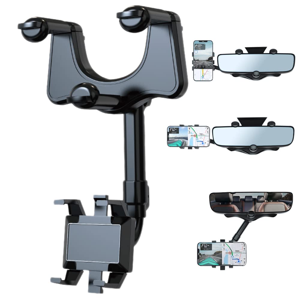 Adjustable Rearview Mirror Phone Mount for Cars – 360° Swivel Arm Clip-On Smartphone Cradle for Hands-Free Navigation & Calls | Thomler