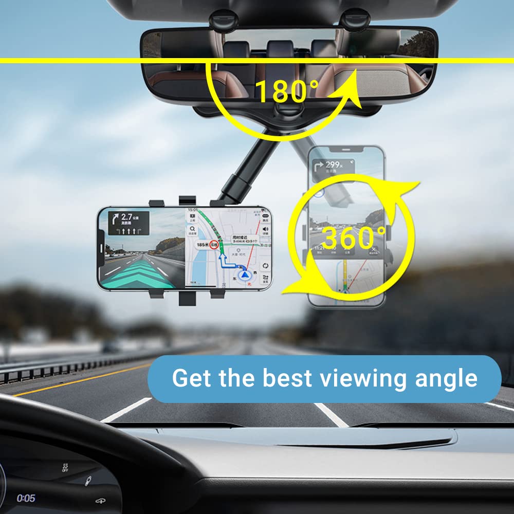 Adjustable Rearview Mirror Phone Mount for Cars – 360° Swivel Arm Clip-On Smartphone Cradle for Hands-Free Navigation & Calls | Thomler