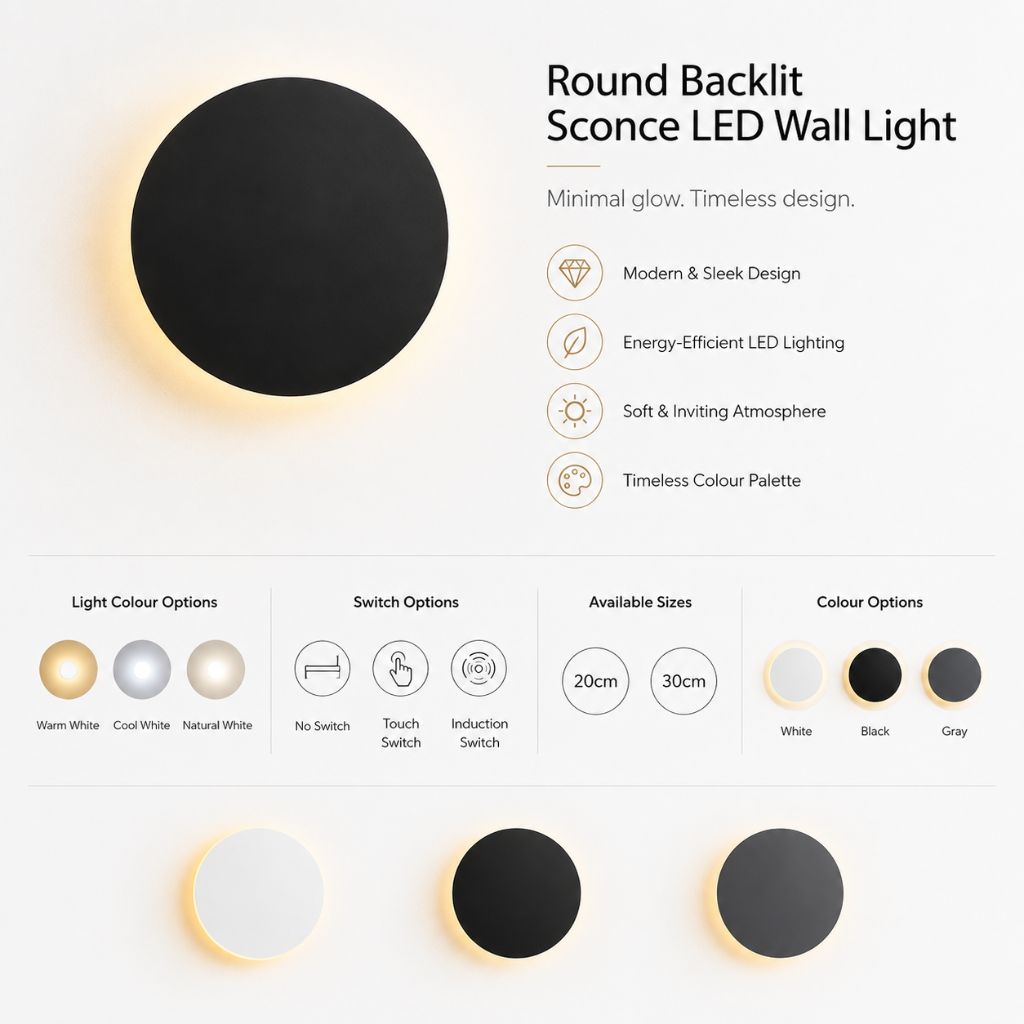 LED Circular Wall Sconce with Backlight Halo – Aluminum & Acrylic Fixture for Hallway, Bedroom, Living Room | Modern Indoor Lighting | Thomler