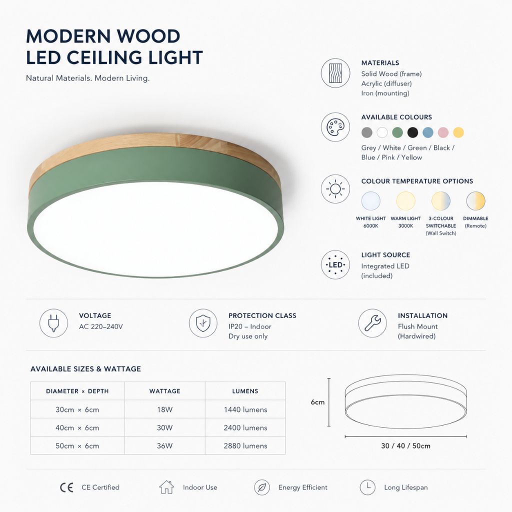 LED Flush Mount Ceiling Light Wood Frame Round Acrylic 12-20 Inch Hardwired Bedroom Living Room Office Kitchen Hallway Modern Minimalist | Thomler