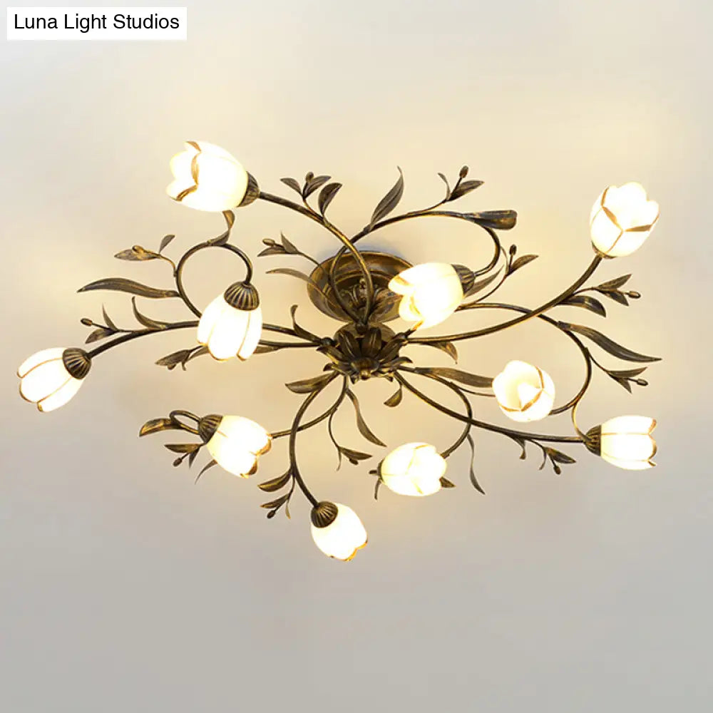 Cream Glass Floral Vine Chandelier with Antique Brass Finish for Bedroom, Dining Room & Living Room | Thomler