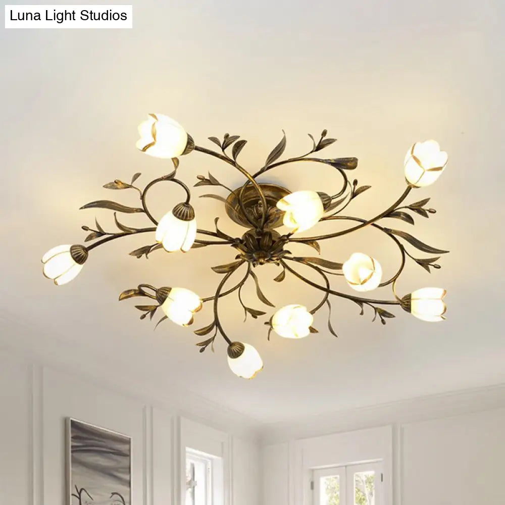 Cream Glass Floral Vine Chandelier with Antique Brass Finish for Bedroom, Dining Room & Living Room | Thomler
