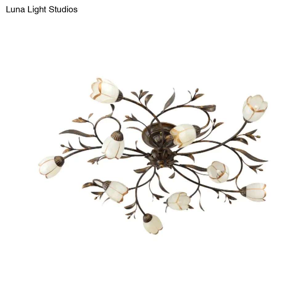 Cream Glass Floral Vine Chandelier with Antique Brass Finish for Bedroom, Dining Room & Living Room | Thomler