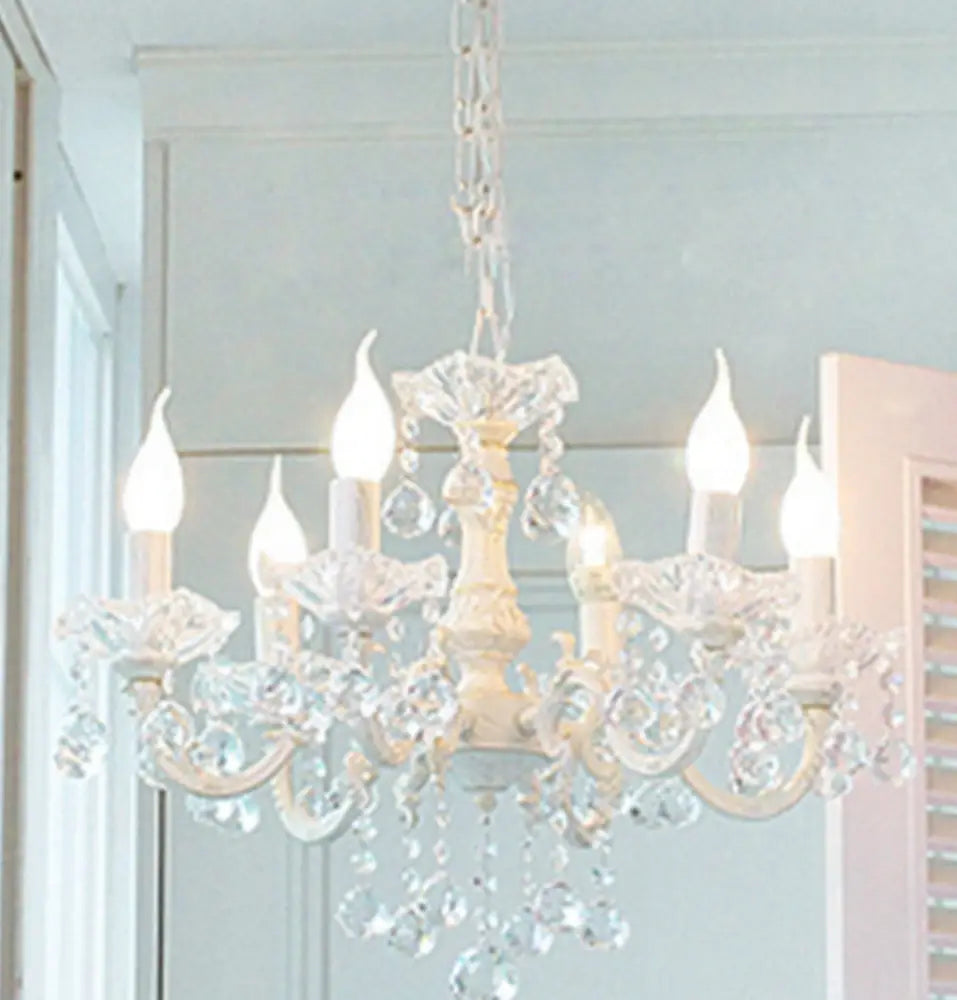 White Metal Chandelier 3/6 Candelabra Lights Crystal Accents Entryway Hallway Traditional Farmhouse Fixture 18 Inch Ceiling Lighting | Thomler