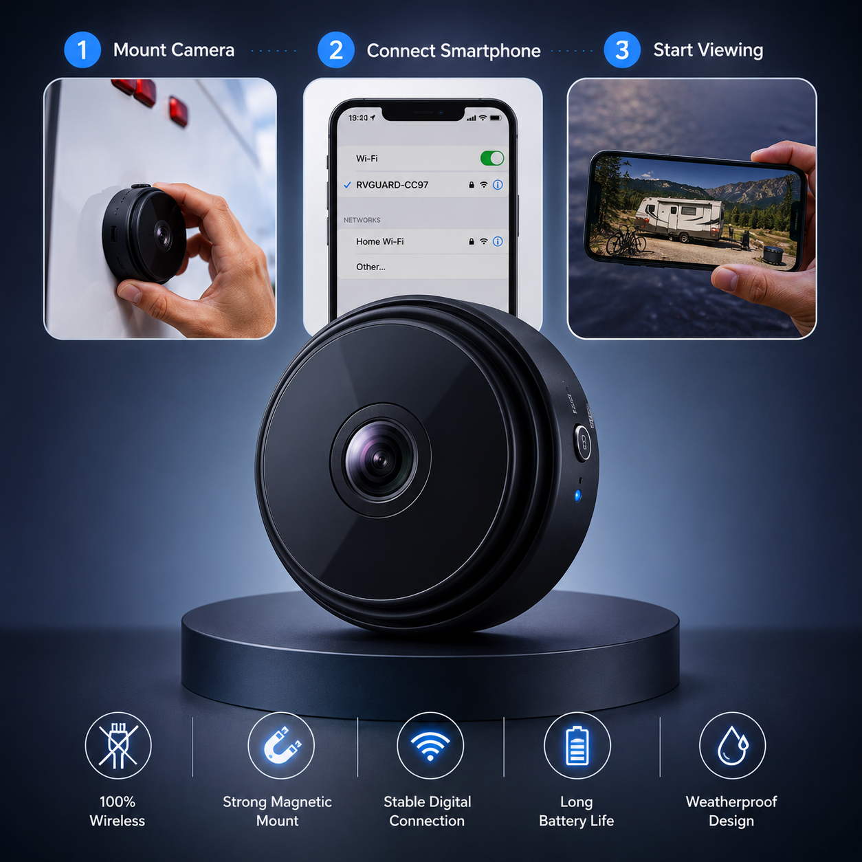Rechargeable Rear-View Camera with Infrared Vision & Alert System for RVs, Campers & Trucks | Thomler
