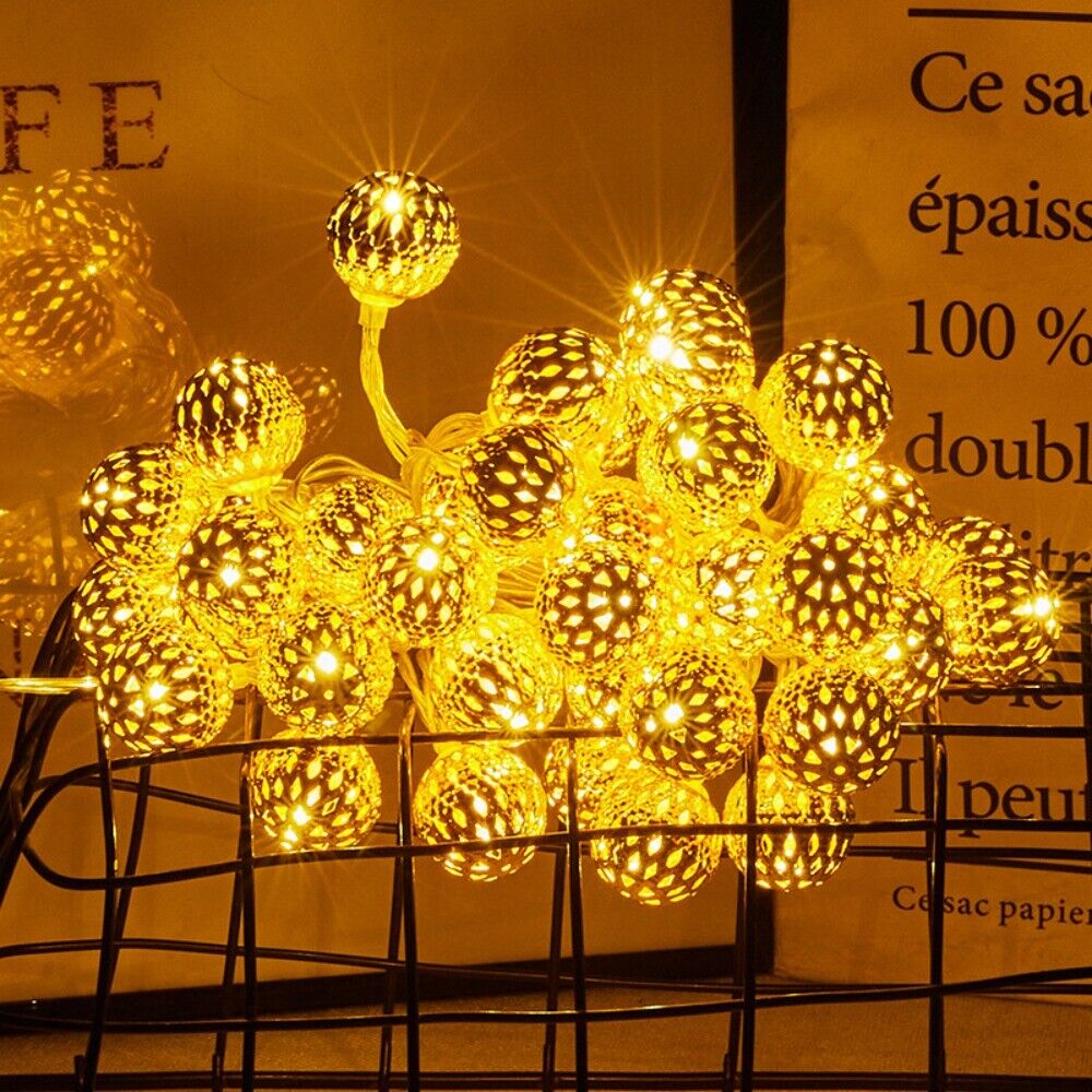 Moroccan Metal Globe String Lights Solar Powered Outdoor Patio Decor 20-30 Warm White LED Orbs Bohemian Weatherproof Garden Balcony | Thomler