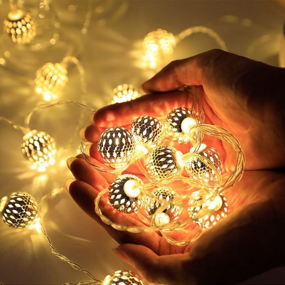 Moroccan Metal Globe String Lights Solar Powered Outdoor Patio Decor 20-30 Warm White LED Orbs Bohemian Weatherproof Garden Balcony | Thomler