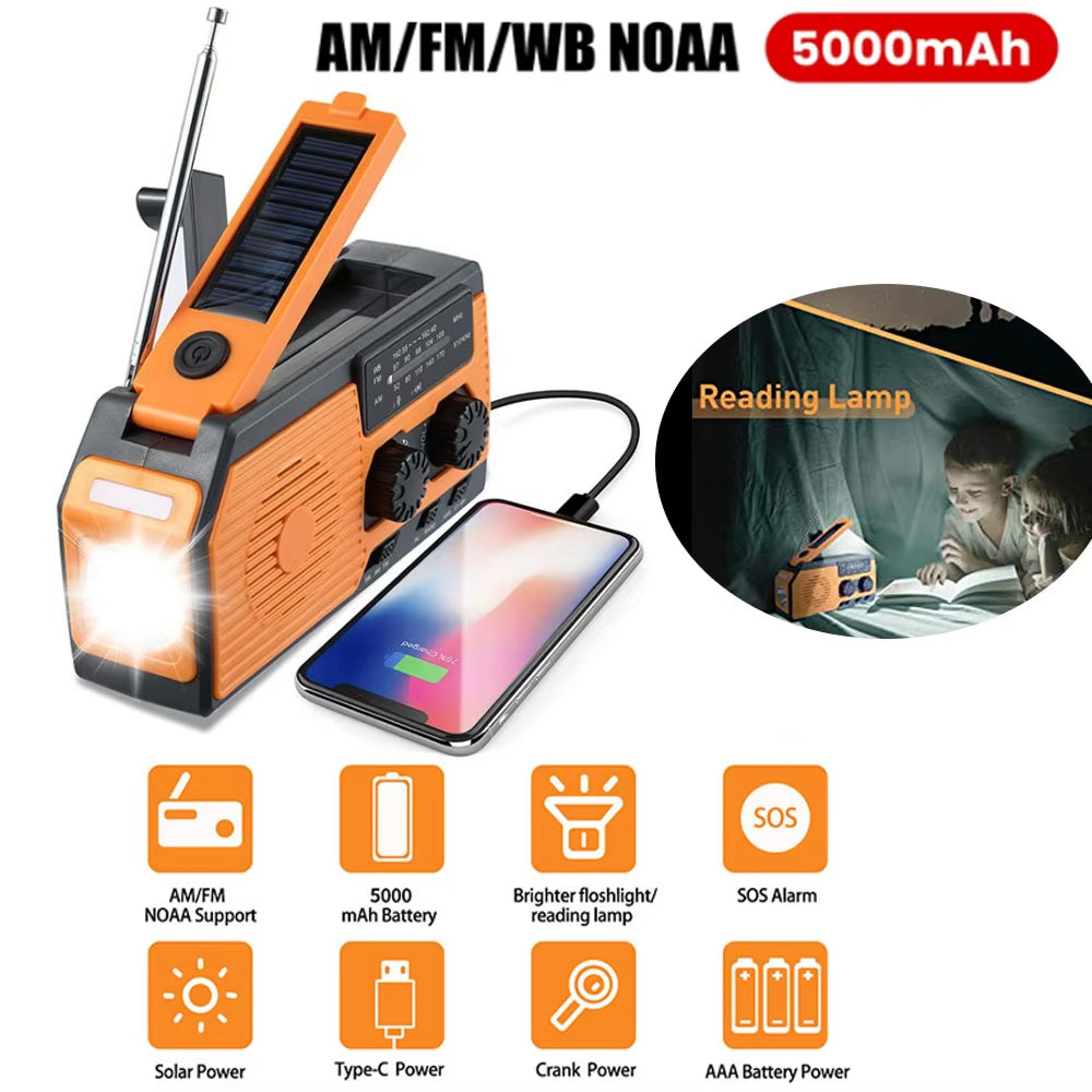 Hand-Crank Weather Radio with Phone Charger, Flashlight & Solar Power for Camping, Storms & Blackouts | Thomler