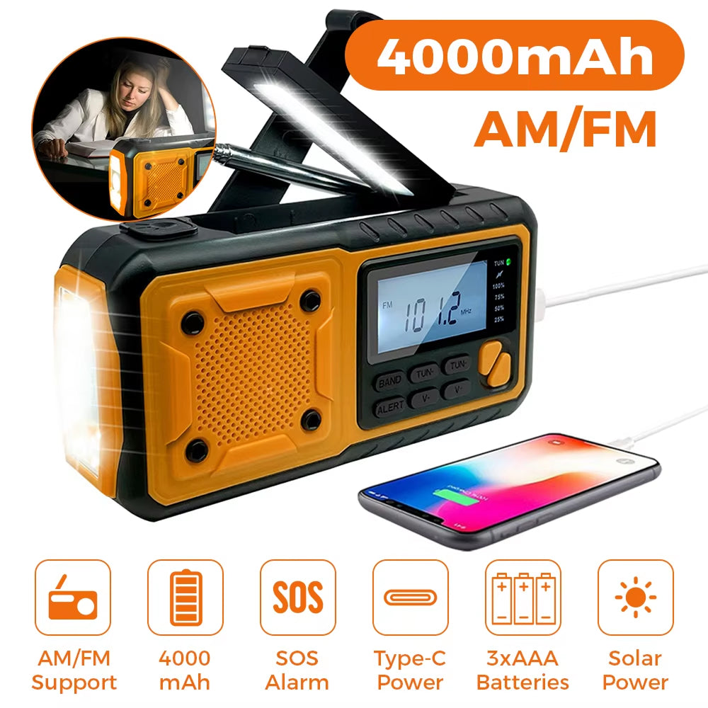 Hand-Crank Weather Radio with Phone Charger, Flashlight & Solar Power for Camping, Storms & Blackouts | Thomler