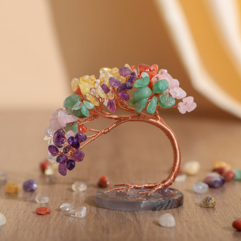 Natural Stone Tree of Life Figurine with Chakra, Amethyst, Rose Quartz, Fluorite & Aquamarine – Crystal Wire Art Home Décor Spiritual Gift | Thomler