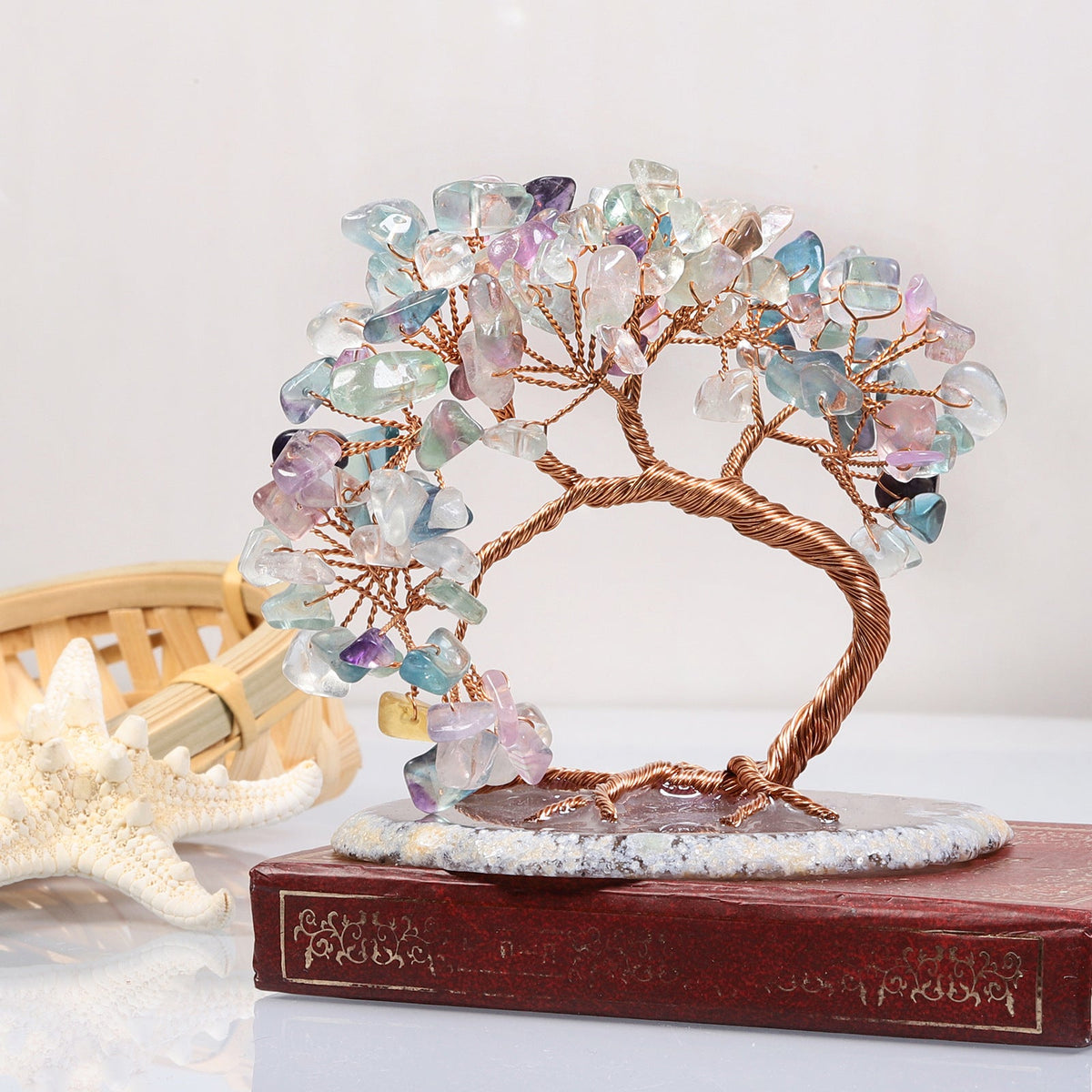 Natural Stone Tree of Life Figurine with Chakra, Amethyst, Rose Quartz, Fluorite & Aquamarine – Crystal Wire Art Home Décor Spiritual Gift | Thomler
