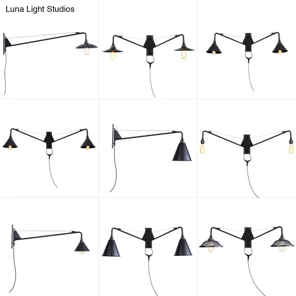 Industrial Swing Arm Wall Sconce Black Metal Shade Adjustable Long Reach Plug-In Hardwired Edison Vintage Loft Farmhouse | Thomler