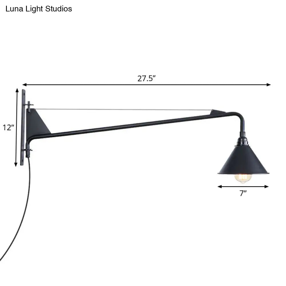 Industrial Swing Arm Wall Sconce Black Metal Shade Adjustable Long Reach Plug-In Hardwired Edison Vintage Loft Farmhouse | Thomler