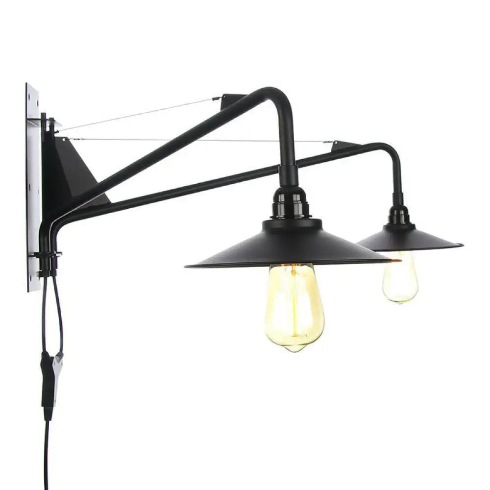 Industrial Swing Arm Wall Sconce Black Metal Shade Adjustable Long Reach Plug-In Hardwired Edison Vintage Loft Farmhouse | Thomler