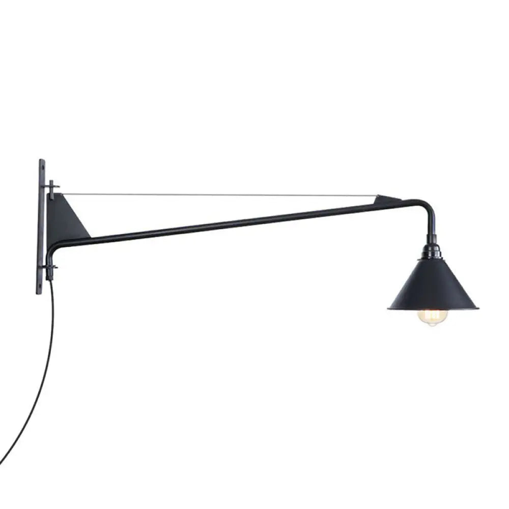 Industrial Swing Arm Wall Sconce Black Metal Shade Adjustable Long Reach Plug-In Hardwired Edison Vintage Loft Farmhouse | Thomler