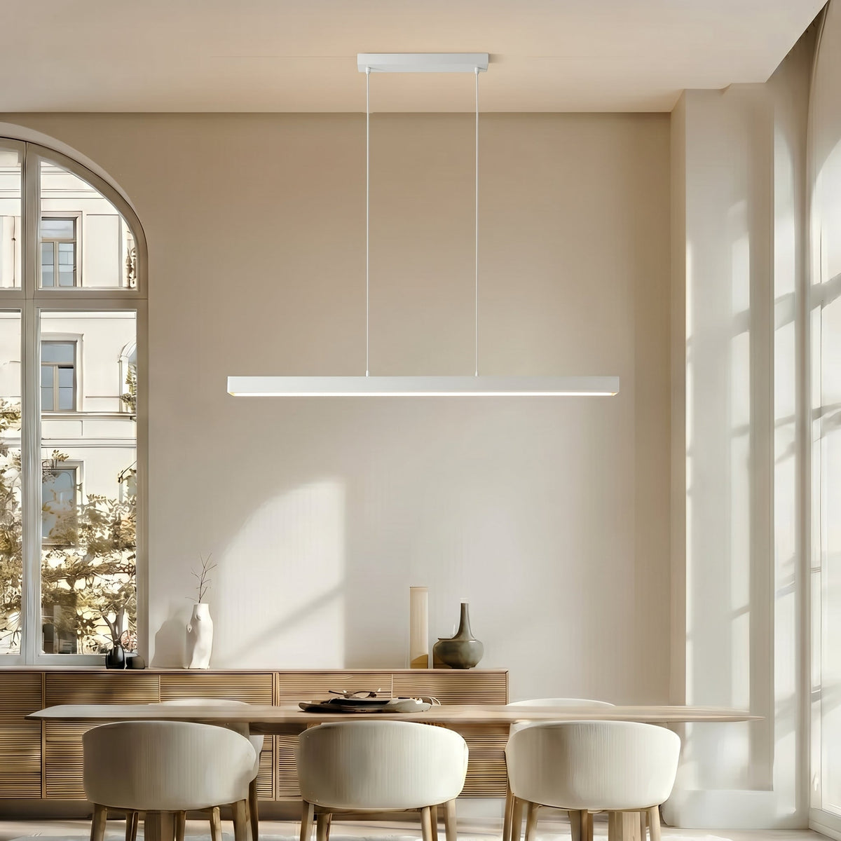 Linear Wood and Metal Pendant Light – Modern Minimalist Dining Room Chandelier – Warm White LED – 31.5 to 47 Inch – Hardwired Ceiling | Thomler