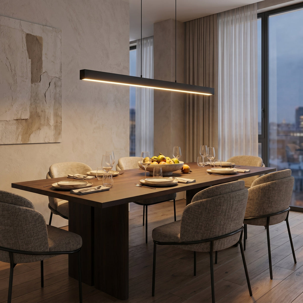 Linear Wood and Metal Pendant Light – Modern Minimalist Dining Room Chandelier – Warm White LED – 31.5 to 47 Inch – Hardwired Ceiling | Thomler