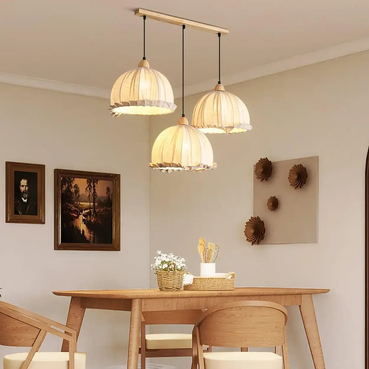 Pendant Light Wood Fabric Shade 150.0 cm 59.1 Inch Dining Room Scandinavian Japandi Hanging Ceiling Lamp E27 | Thomler