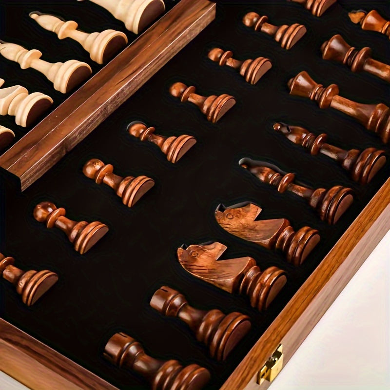 Folding Wooden Chess Set with Carved Pieces & Storage | Portable Travel Board for Home & Trips | Classic Game | Thomler