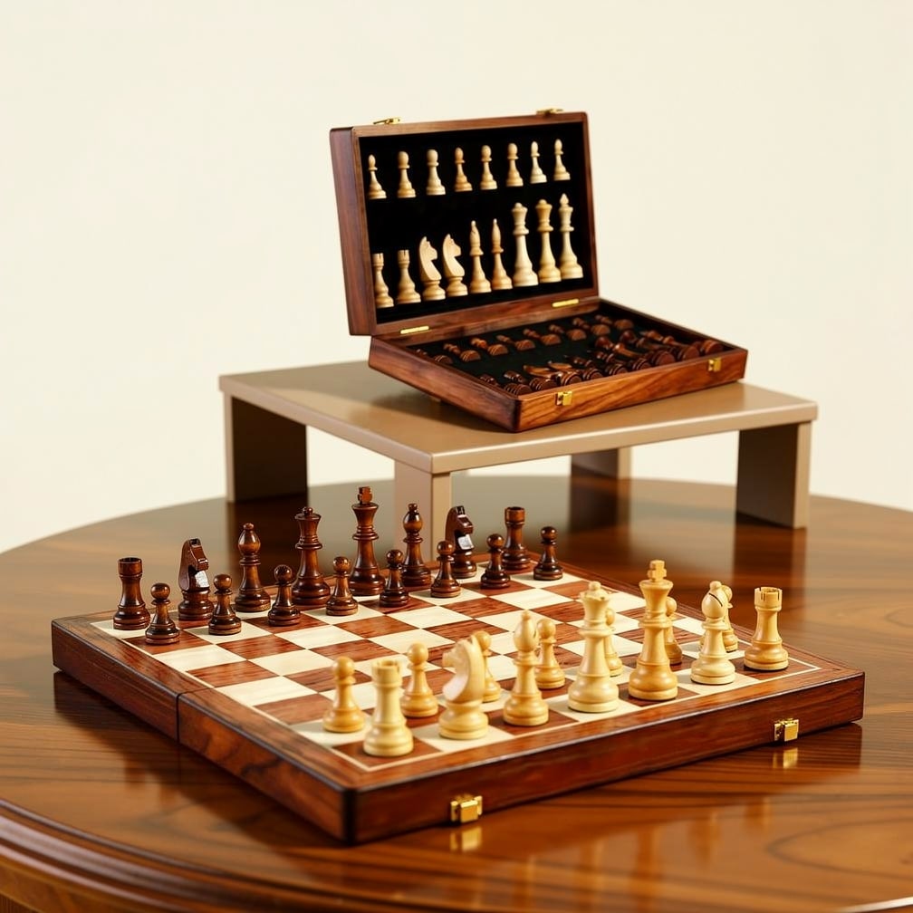 Folding Wooden Chess Set with Carved Pieces & Storage | Portable Travel Board for Home & Trips | Classic Game | Thomler