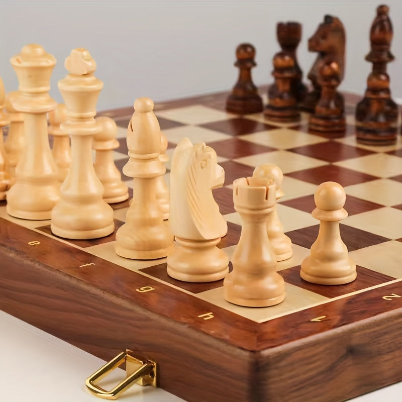 Folding Wooden Chess Set with Carved Pieces & Storage | Portable Travel Board for Home & Trips | Classic Game | Thomler