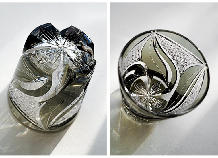 Japanese Cut Crystal Whisky Tumbler with Flame-Carved Pattern & Presentation Box for Spirits | Thomler