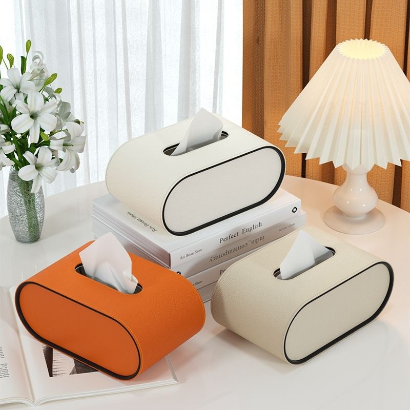 Tissue Box Leather 22.0 cm Oval Grey Beige Orange Living Room Desk Cover Holder | Thomler