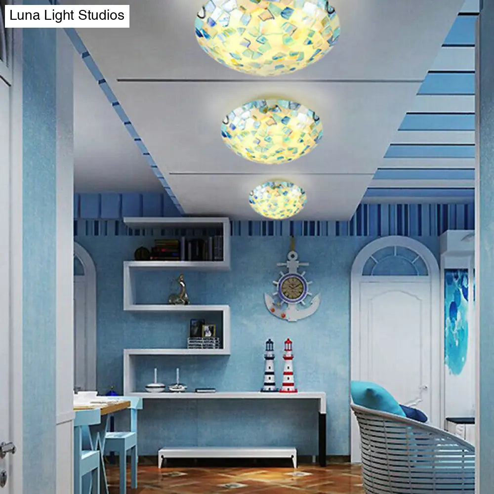 Coastal Ceiling Light with Handcrafted Mother-of-Pearl Inlay for Bedroom | Oceanfront Flush Mount Fixture in Stained Glass Aesthetic | Thomler