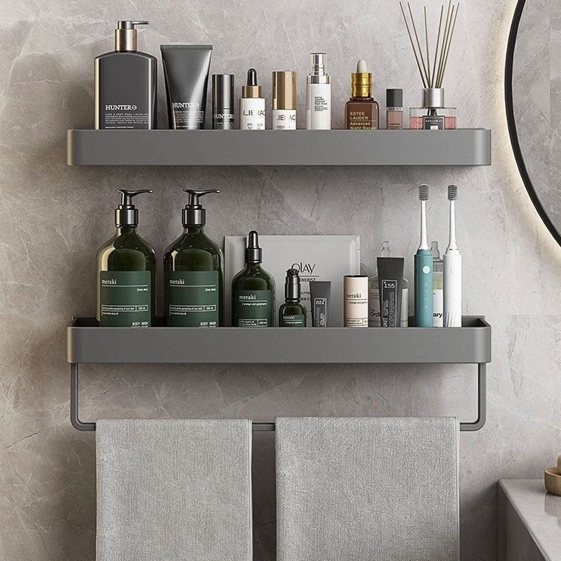Bathroom Shelf Aluminium 30.0 cm Grey Self Adhesive Shower Wall Organiser With Towel Holder Floating Storage Rack | Thomler
