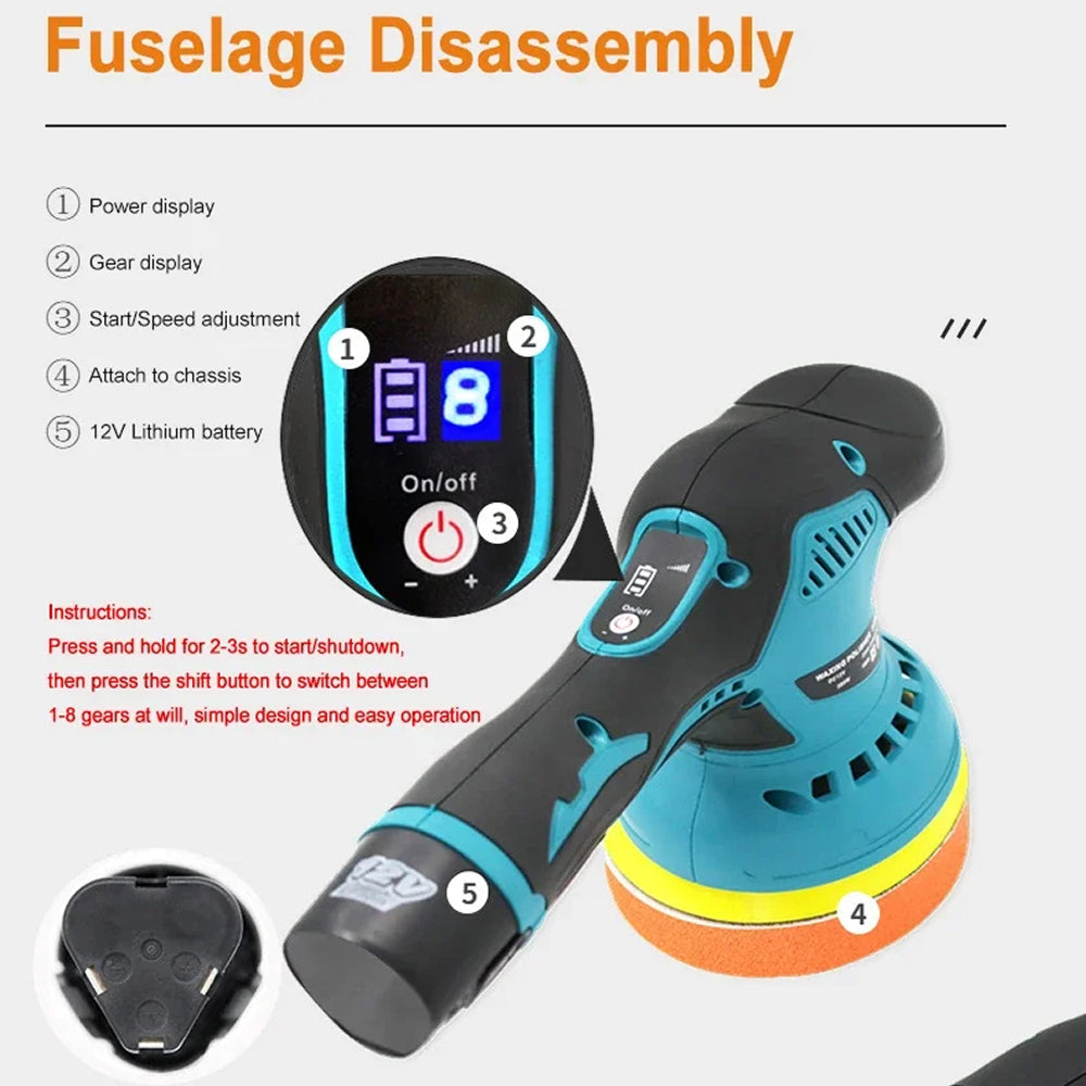 Cordless Dual-Action Auto Buffer with 8-Speed Control & Digital Display for Scratch Removal | Thomler