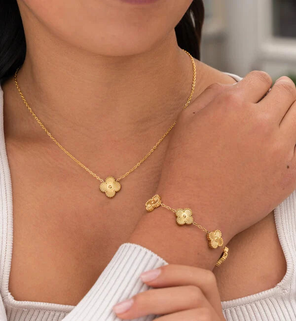 Four-Leaf Clover Jewelry Set – Necklace, Bracelet & Earrings – Gift-Ready in Luxury Box – Adjustable Fit – Nickel-Free Gold Plated Silver | Thomler